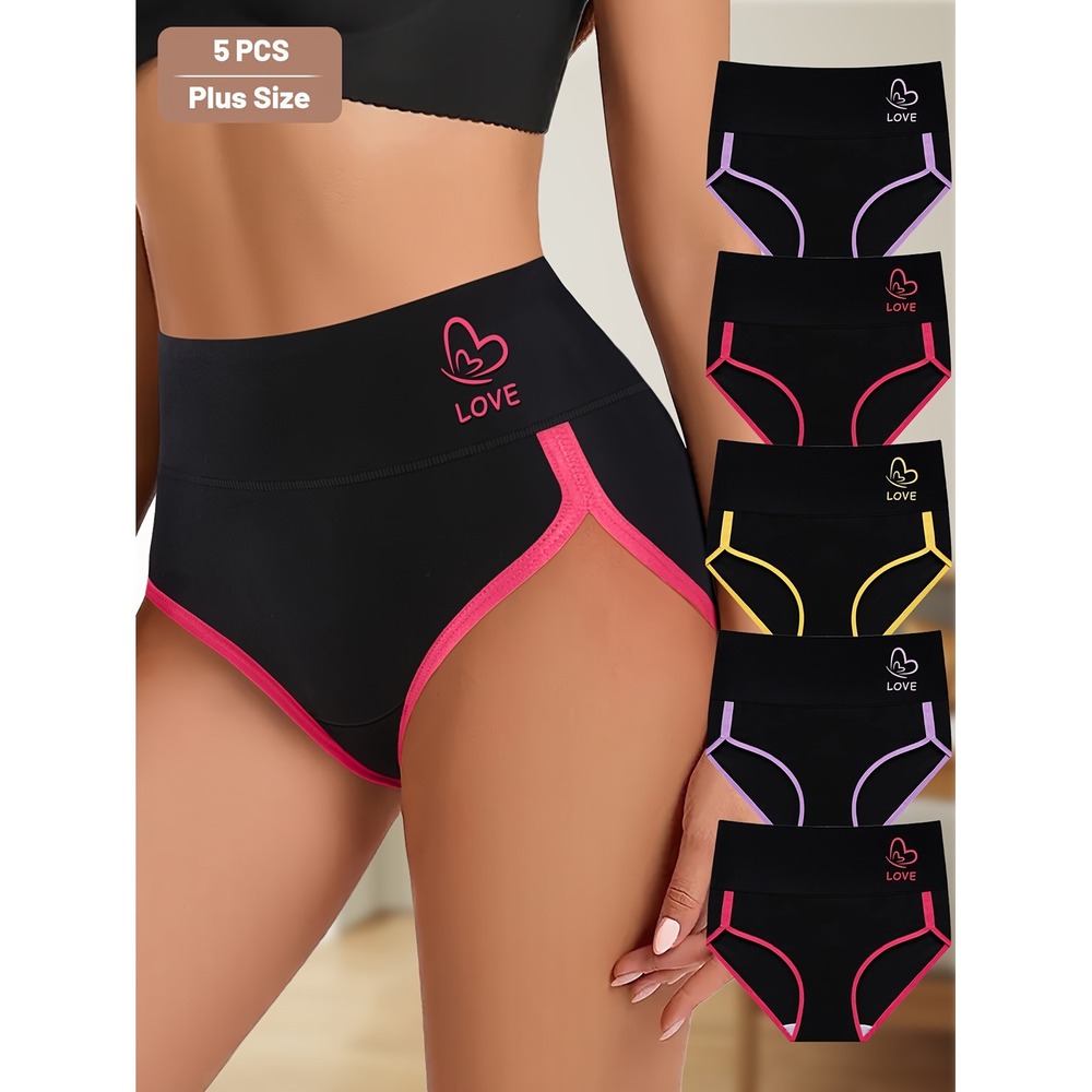 5 Pack Womens Plus Size High Waist Panties Black Love Heart Contrast Briefs Set